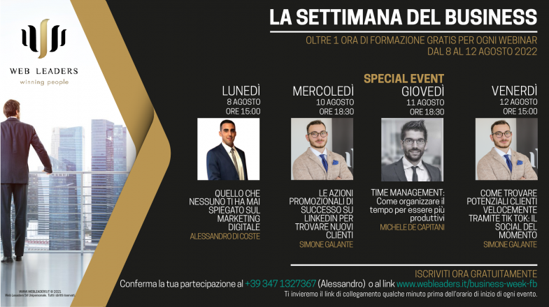 La settimana del business dall’8 al 12 agosto, webinar gratuiti sul web marketing